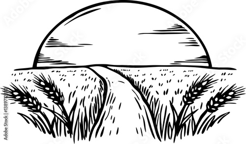 sunrise over wheat fields scenic rural illustration, agriculture, natural landscape, tranquil morning view