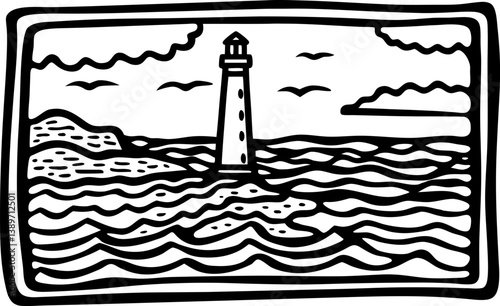 black and white lighthouse drawing with waves and clouds, nautical coastal art