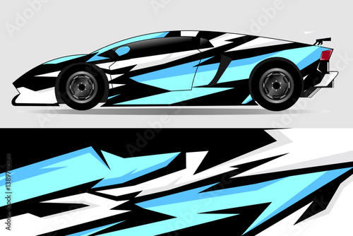 Sleek, modern sports car with dynamic blue and black design parked against a neutral backdrop