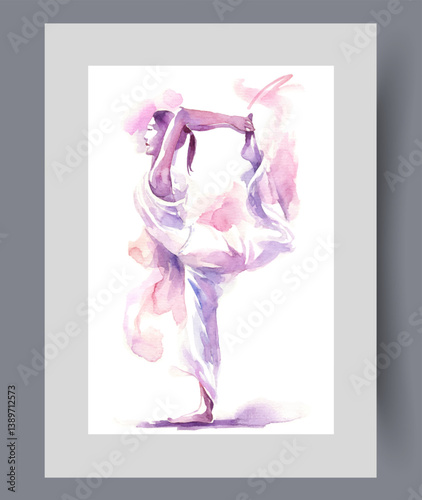 Woman pilates instructor demonstrates flexibility by lifting leg to back of head on wall art. Watercolor print. Artwork with girl doing pilates to improve health, in frame with decor for poster