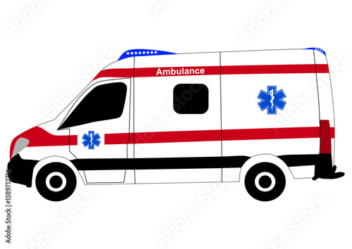 Vector graphic of ambulance van side view with blue lights and blue Star of Life. Photo taken April 5th, 2025, Zurich, Switzerland.
