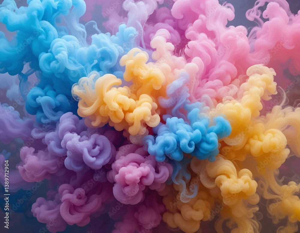 Fototapeta premium A burst of thick, vibrant smoke in blue, pink, and yellow hues, isolated for artistic compositions.