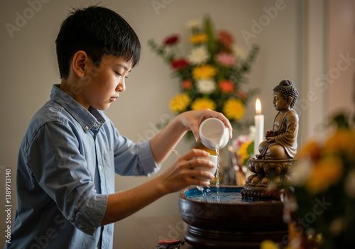 Asian boy performing a ritual by pouring water on a buddha statue during a religious ceremony