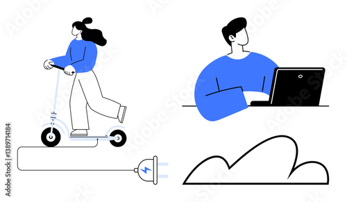 Woman riding an electric scooter connected to a power plug, man working on laptop, and minimalist cloud shape. Ideal for green technology, mobility, sustainability, remote work, smart devices