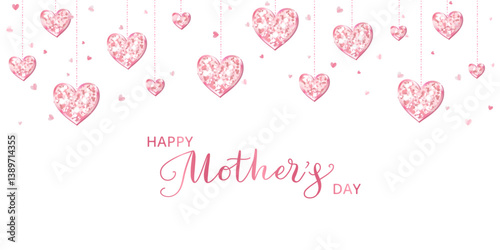 Mother's day banner. Pink glitter hearts decoration on white. Hand written calligraphy. Romantic shiny background. Vector.