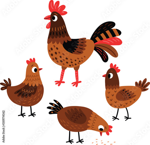 ПечатьBirds family. Rooster and hens. Vector illustration