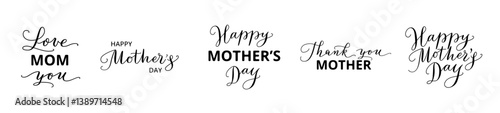 Happy mother's day typography, calligraphy. Love you Mom text. For mothers day greeting cards, banners, social media posts, invitations, photo overlays. Transparent background in vector file.