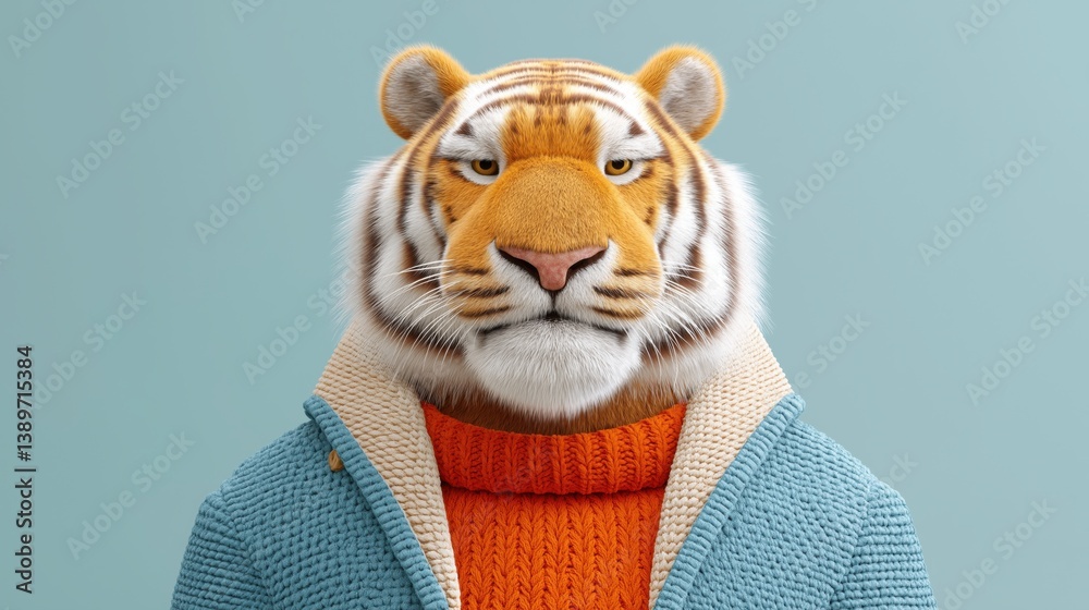 Fierce tiger character wearing stylish knitwear poses confidently against a light blue background.