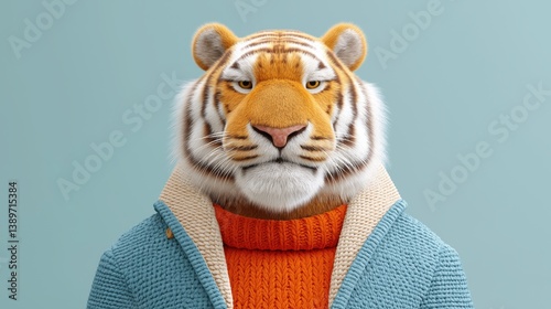 Obraz na płótnie Fierce tiger character wearing stylish knitwear poses confidently against a light blue background. w salonie