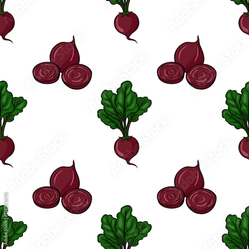 A vector seamless pattern featuring red beetroots with green leaves, arranged in a repetitive design on a white background.