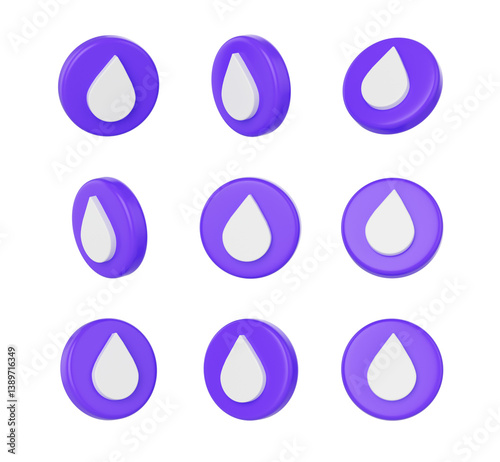 3d Purple circular buttons with a white droplet symbol in the center. 3D Illustration.