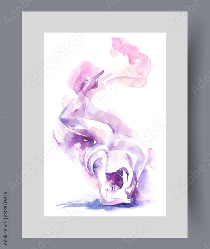 Woman performs yoga exercise to develop flexibility and mental awareness on wall art. Watercolor artwork. Print with girl passionate about yoga or pilates practices, in frame with decor for poster
