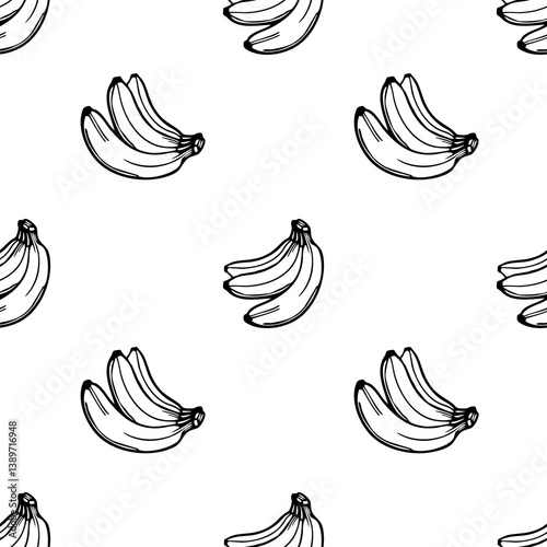 A vector seamless pattern featuring hand-drawn bananas in various orientations on a white background. The design is simple and playful, ideal for textiles or wallpaper.