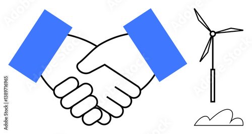 Handshake symbolizing partnership paired with wind turbine highlighting renewable energy, teamwork, and eco-friendly solutions. Ideal for sustainability, collaboration, energy, environment, teamwork