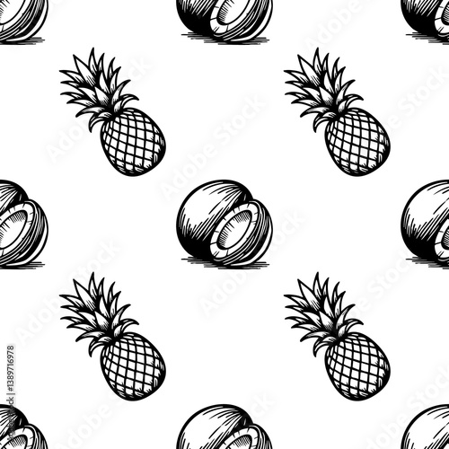 A vector seamless pattern featuring hand-drawn pineapples and coconut on a white background. The design is playful and suitable for textiles or wallpapers.