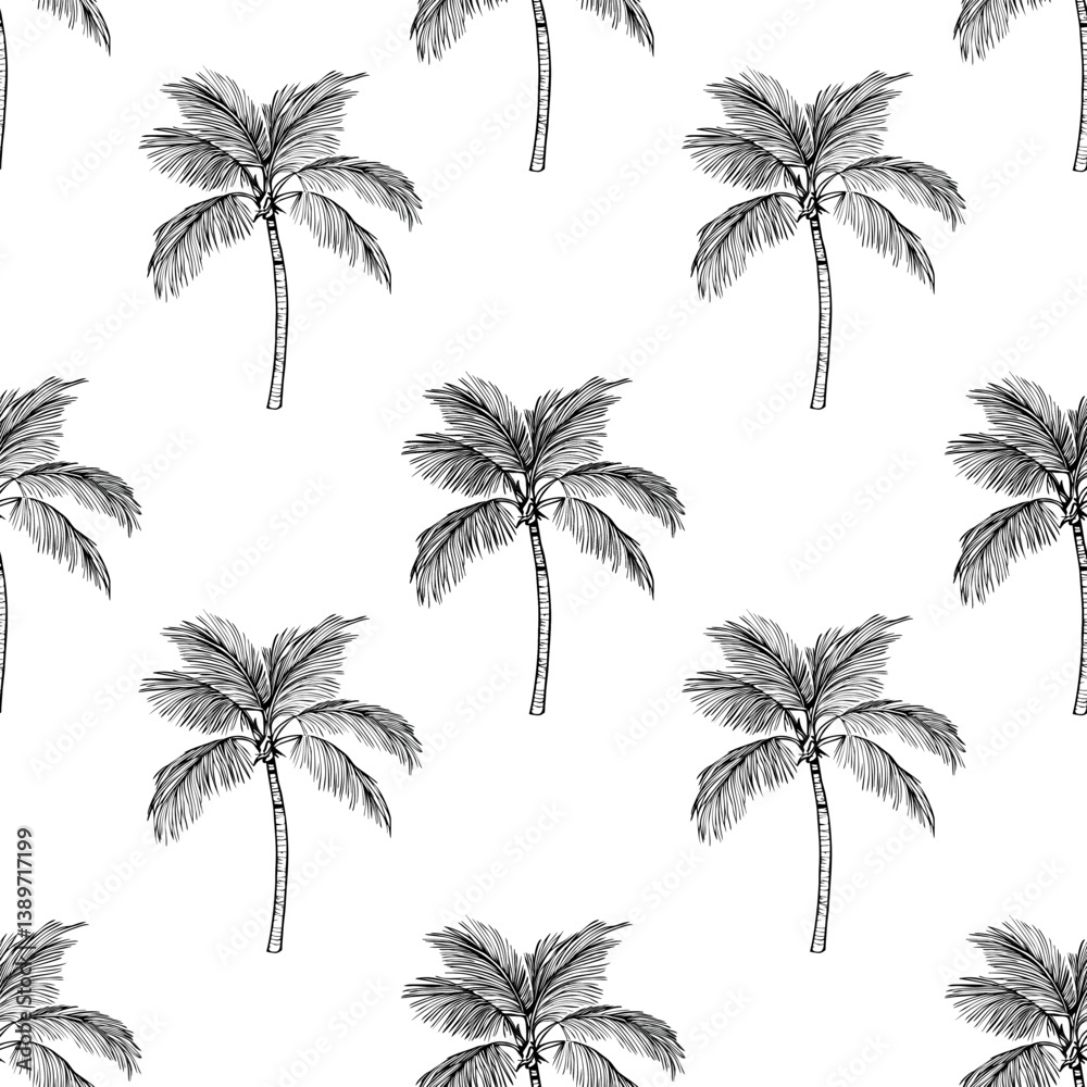 A vector seamless pattern featuring hand-drawn palm trees on a white background. The palm trees are intricately detailed with long, slender trunks and lush fronds, creating a tropical vibe. A vector seamless pattern featuring hand-drawn palm trees on a white background. The palm trees are intricately detailed with long, slender trunks and lush fronds, creating a tropical vibe.
