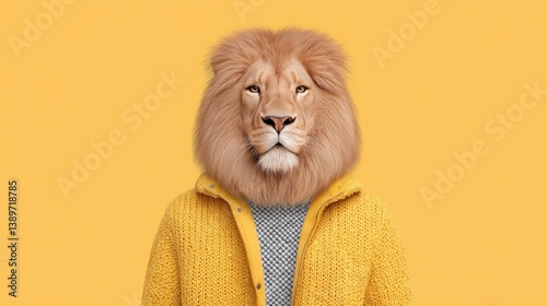 Lion wearing a cozy yellow sweater against a bright yellow background for creative expression.