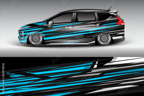 Sleek modified car with dynamic graphic design parked against a gradient background, showcasing style