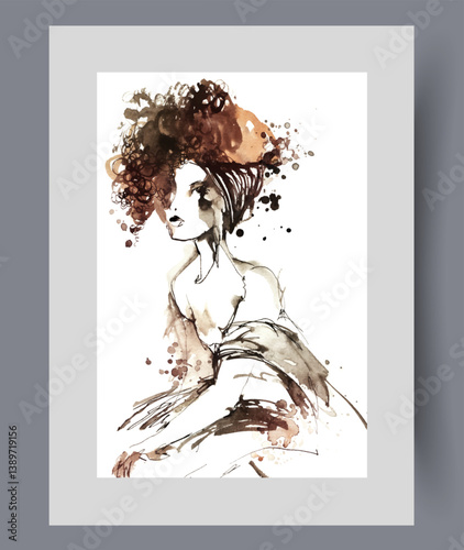Obraz na płótnie Beautiful lady with luxuriant hair depicted in abstract portrait on wall art. Watercolor artwork. Print with attractive lady looks languidly at viewer through screen, in frame with decor for poster w salonie