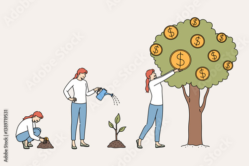 Financial progress is demonstrated by woman planting coin in ground and seeing tree grow. Financial progress and economic evolution through investment or use of bank deposits with high interest rates