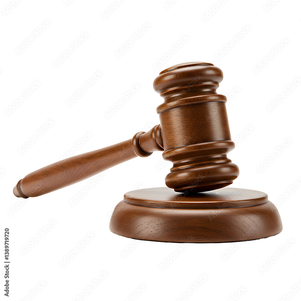 Close-up detailed view of a brown wooden gavel on isolated white and transparent background, concept for law, justice, auction, and legal system Close-up detailed view of a brown wooden gavel on isolated white and transparent background, concept for law, justice, auction, and legal system