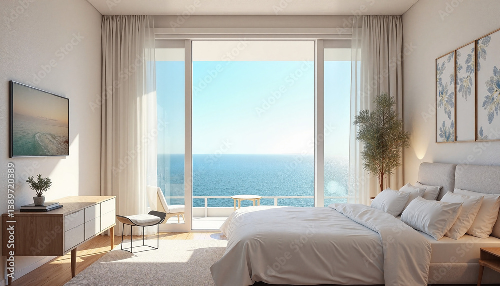 Elegant honeymoon suite with ocean view, romantic getaway, copy space Elegant honeymoon suite with ocean view, romantic getaway, copy space