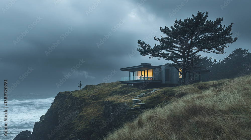 Modern coastal house on cliff with moody sky and ocean view