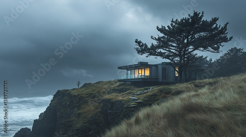 Obraz na płótnie Modern coastal house on cliff with moody sky and ocean view w salonie