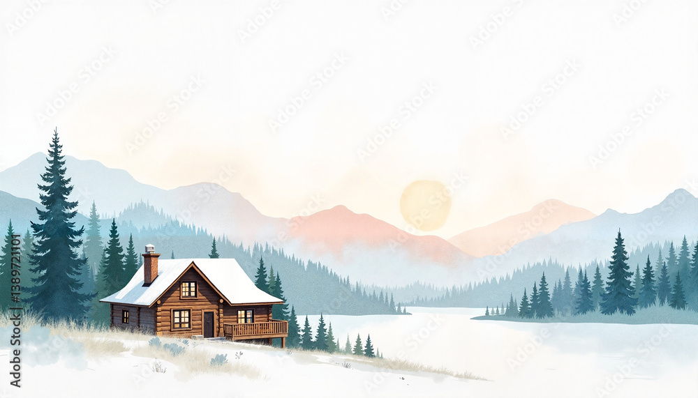 Naklejka premium Serene mountain lodge with sunset backdrop, tranquil retreat vibe, copy space