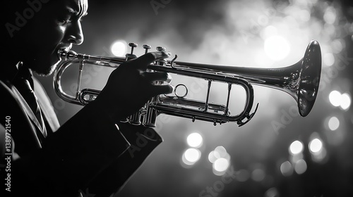 Monochrome depiction of jazz musician blowing trumpet on stage in spotlight