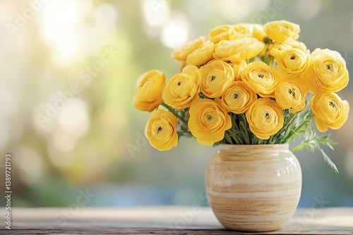 Bouquet of yellow ranunculus flowers in vase on wooden table