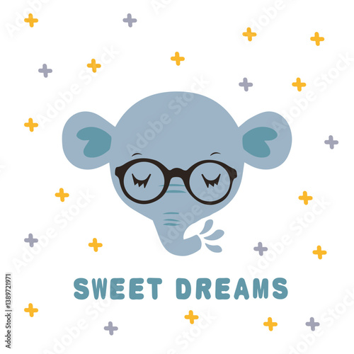 Head of a small blue elephant and the inscription sweet dreams.