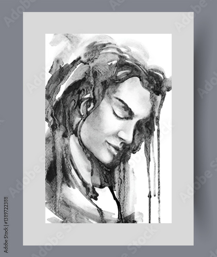 Attractive guy with long hair lets head down and closes eyes on wall art. Watercolor print. Artwork with peaceful guy demonstrating calmness and moderation, in frame with decor for poster