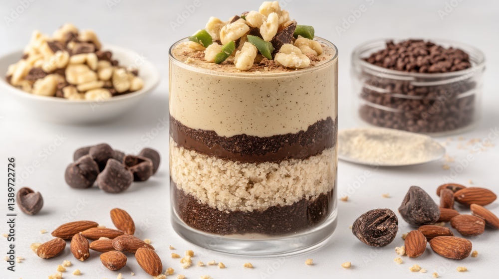 A decadent layered dessert in a glass, adorned with nuts and surrounded by chocolate and almonds, showcasing culinary elegance. A decadent layered dessert in a glass, adorned with nuts and surrounded by chocolate and almonds, showcasing culinary elegance.