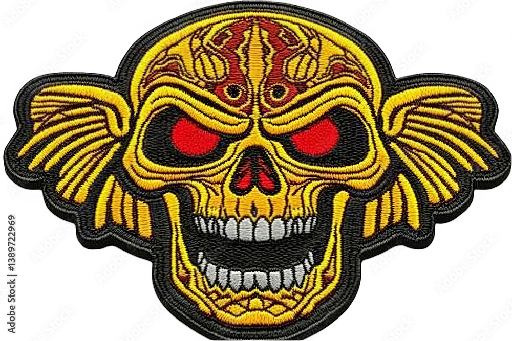Detailed Illustration of a Yellow Skull Emblem with Red Eyes and Wing Design Detailed Illustration of a Yellow Skull Emblem with Red Eyes and Wing Design