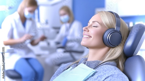 Patient enjoys calm experience with noise-canceling headphones during dental appointment