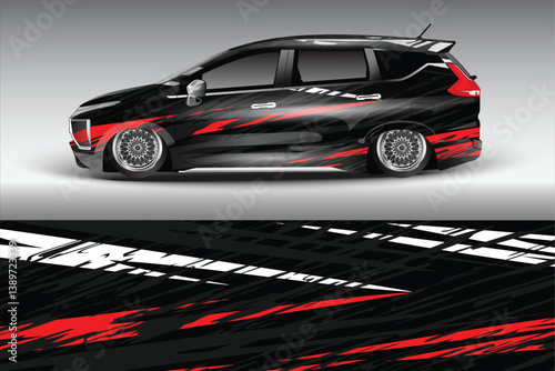 Sleek modified car with striking black and red design, showcased against a minimalist background