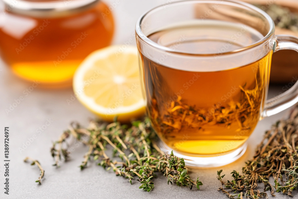 Herbal tea with lemon slice served in a glass mug on a countertop with fresh herbs in a cozy kitchen setting Herbal tea with lemon slice served in a glass mug on a countertop with fresh herbs in a cozy kitchen setting