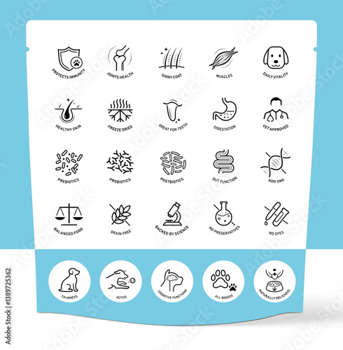 A set of icons for pet treats. The main benefits from a balanced treats. The outline icons are well scalable and editable. Contrasting elements are good for different backgrounds. EPS10.