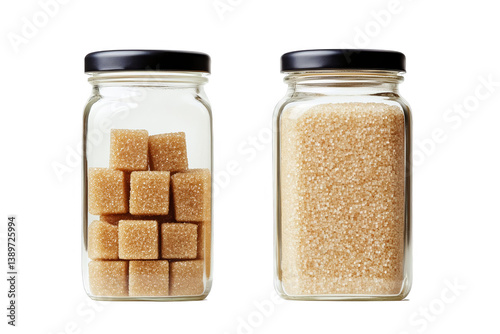 Detailed Photo Of Sugar Cubes And Granulated Sugar In Glass Jars
