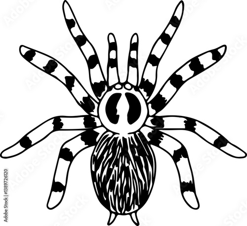 tarantula spider with striped legs hand drawn with curved black lines contours, top view