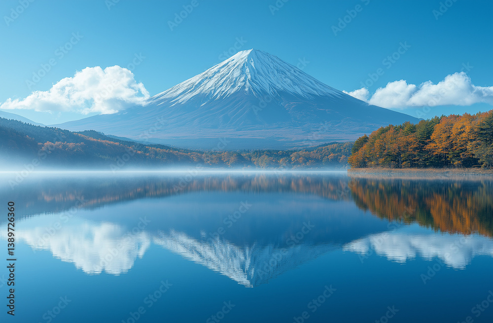 Mount Fuji with lake reflection under clear blue sky in Shibazakura, Japan Mount Fuji with lake reflection under clear blue sky in Shibazakura, Japan