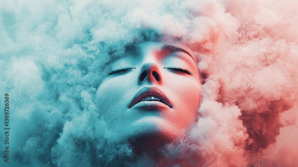 Fototapeta premium Ethereal Beauty with Soft Clouds Surrounding a Serene Face