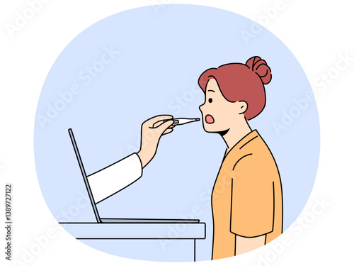 Woman patient at online clinic uses telemedicine services standing near laptop with doctor hand sticking out screen. Girl uses websites and telemedicine to self-diagnose and try to cure disease.
