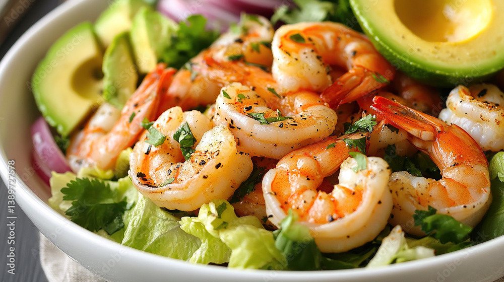 Close up of shrimp salad with avocado and red onion in a white bowl ready to be eaten Close up of shrimp salad with avocado and red onion in a white bowl ready to be eaten