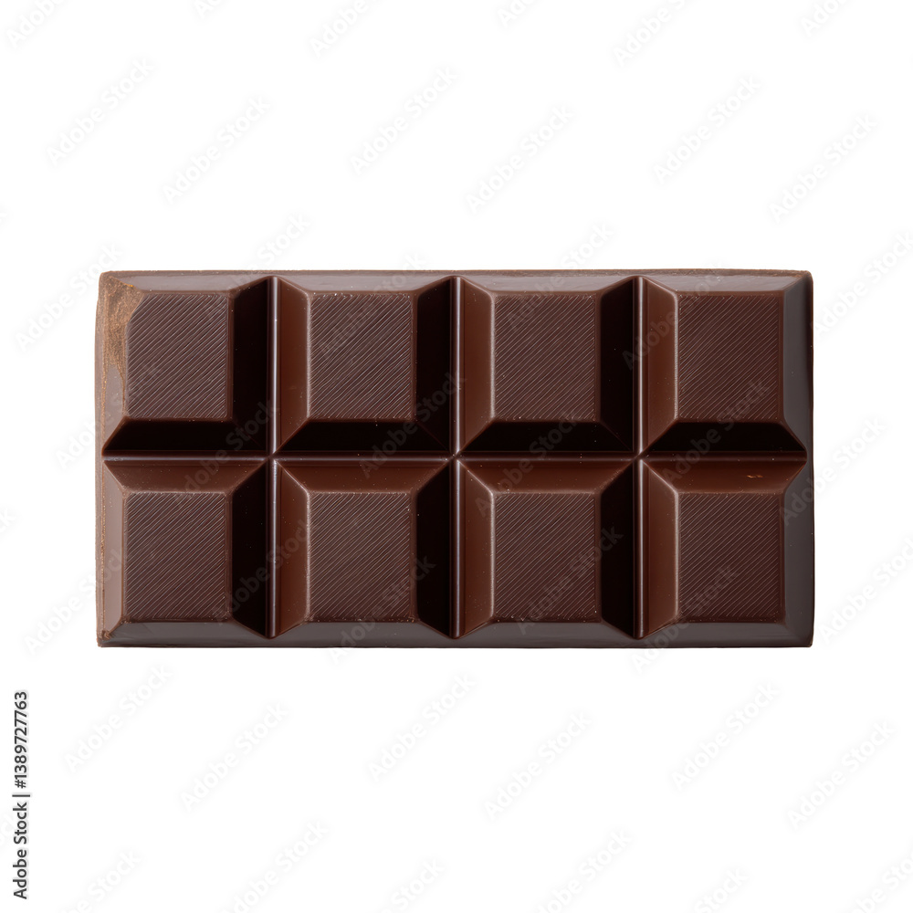 A rich, dark chocolate bar featuring distinct square segments and a glossy surface. A rich, dark chocolate bar featuring distinct square segments and a glossy surface.