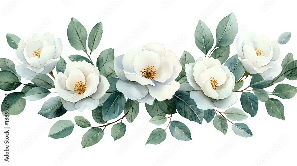 Fototapeta premium Watercolor white roses garland with sage green leaves and buds arranged in horizontal composition on white background, isolated floral design element.