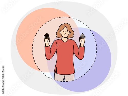 Sad woman cannot get out transparent circle symbolizing comfort zone and stands with hands raised. Girl needs help of psychologist to expand comfort zone and deliverance from psychological framework