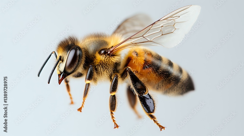 Detailed macro photography of honey bee in flight showing wing structure, body segments, and distinctive black and gold coloring against light background. Detailed macro photography of honey bee in flight showing wing structure, body segments, and distinctive black and gold coloring against light background.