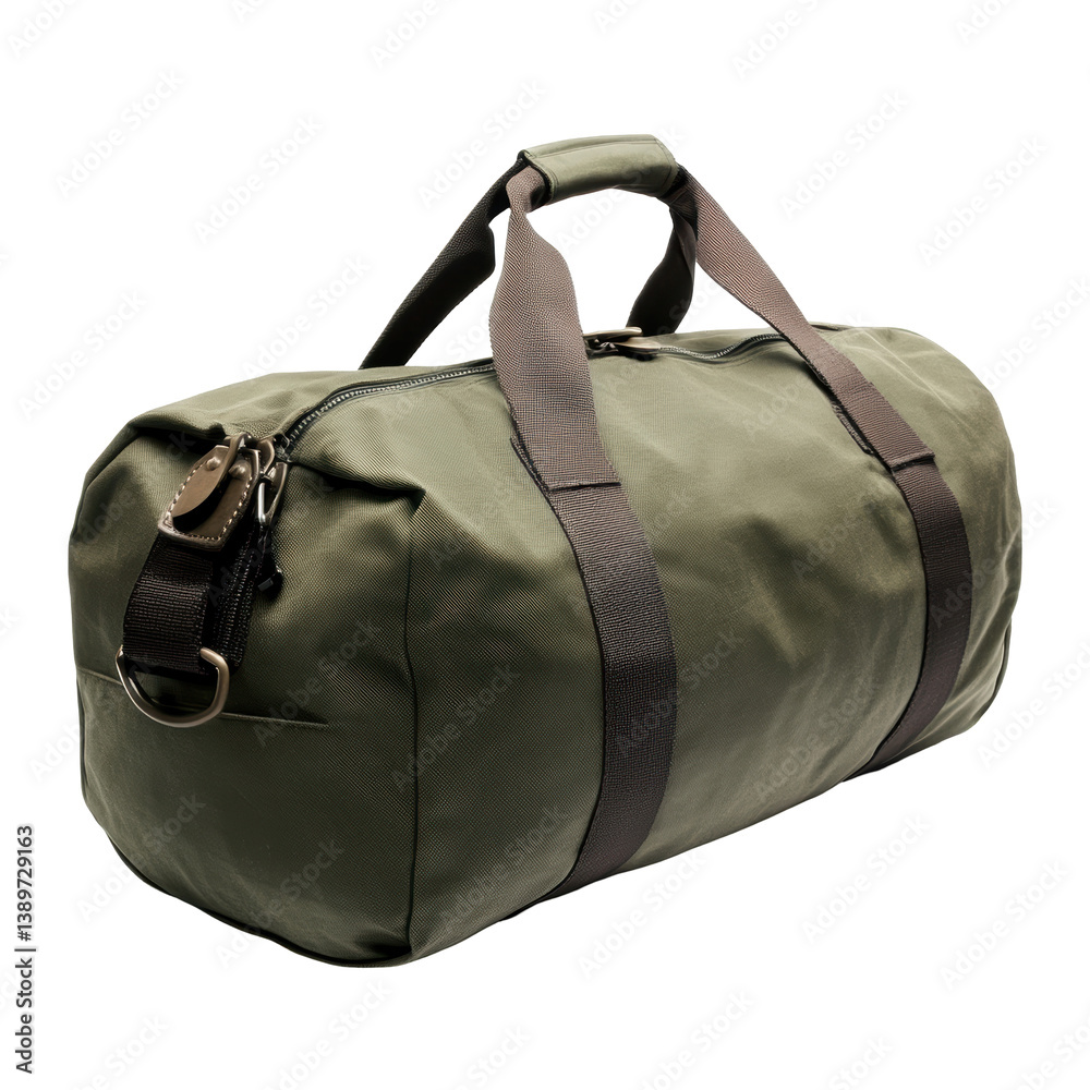 A durable olive green duffel bag with sturdy straps and a zip closure, ideal for travel or sports.
